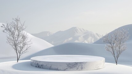 Leinwandbilder - The scene shows a podium that holds a product to be displayed in an abstract winter landscape. 3D rendering of the scene...