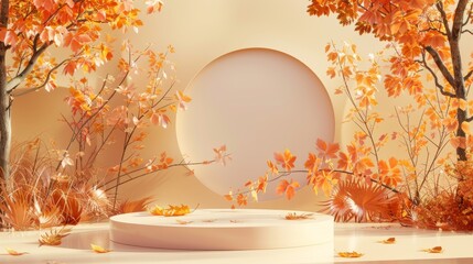 Poster - The 3D rendering features an abstract autumn scene with a podium for displaying products.