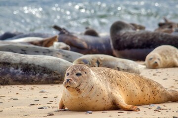 Wall Mural - Group of seals basking in the sun on a sandy beach, overlooking the blue ocean in the background