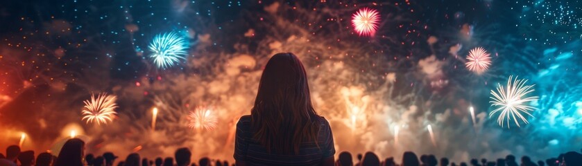 Wall Mural - A woman is watching fireworks with a crowd of people behind her