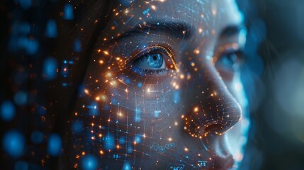 Poster - An introductory view of face scanning, healthcare technology, scientific interfaces for identifying individuals, and a digital blueprint of a 3D body part of a person.