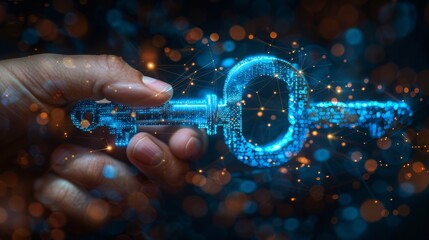 Leinwandbilder - Hand holding wireframe key with dark-blue binary background, digital security concept
