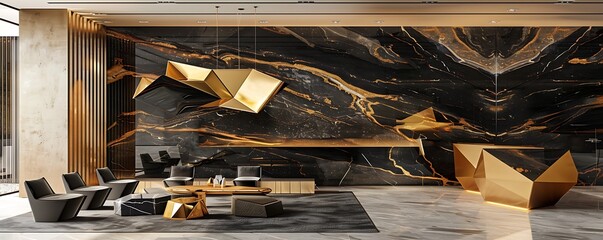 Wall Mural - luxurious living room with a dramatic feature wall of black and gold marble