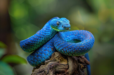 Wall Mural - A blue thebra snake, its scales shimmering in shades of green and turquoise, coiled around an old tree branch.