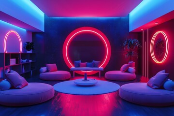 Wall Mural - A modern room with circular furniture, illuminated by neon lights, and set against a black light background