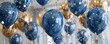 © CHONCHANOK PHOTO - Corporate anniversary event, featuring elegant blue and gold balloon decorations, confetti creating a festive atmosphere, digital render for corporate marketing