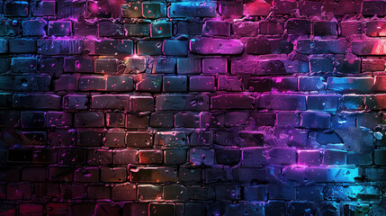 Wall Mural - Old brick wall, neon purpleblue and pink color design for wallpaper background illustration, Empty Scene Neon Light Background