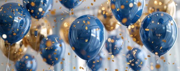 Corporate anniversary event, featuring elegant blue and gold balloon decorations, confetti creating a festive atmosphere, digital render for corporate marketing