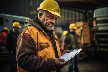 Civil engineer in reflective vest and hardhat at construction site checking project plans and blueprints on clipboard