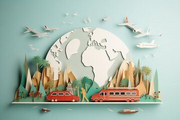 Poster - Travel around the world banner design by paper cut, minimal flat design style, journey, vacation, tourist concept, papercut illustration