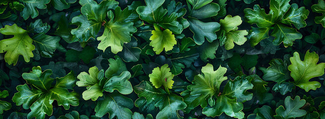 Wall Mural - A top view of lush green leaves on a boxwood hedge background. Top down view of nature.