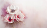 Fototapeta Lawenda - Kartka z kwiatami, jasne białe i różowe anemony. Puste miejsce na tekst, życzenia