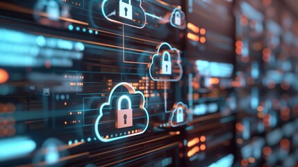 A secure cloud storage facility with virtual servers and data encrypted, represented by 3D icons of locks and digital streams. 