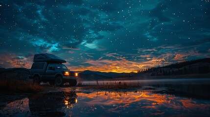 Wall Mural - A black truck is parked by a lake at sunset