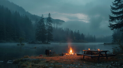 Wall Mural - A serene scene of a lake with a fire and a picnic table