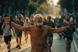© Fotograf - A group of people running down a street, perfect for illustrating urban lifestyle