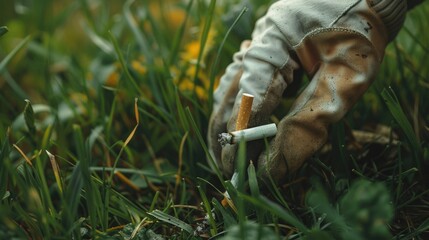 Canvas Print - Person holding a cigarette in a field of grass. Suitable for tobacco or outdoor lifestyle concepts