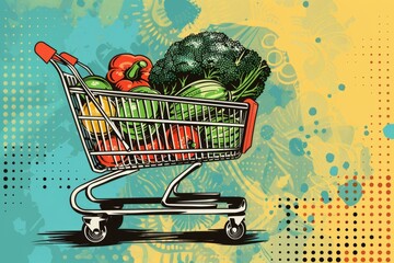 Wall Mural - Shopping cart filled with fresh vegetables on colorful background. Perfect for grocery or healthy eating concepts