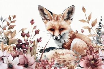 Canvas Print - A beautiful painting of a fox in a field of colorful flowers. Suitable for nature and wildlife themes