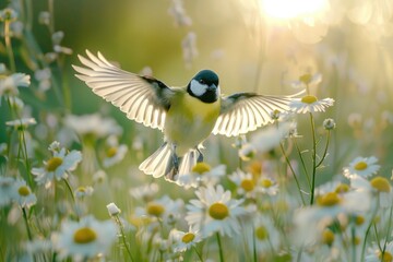 Wall Mural - A beautiful bird soaring over a colorful field of flowers. Suitable for nature and wildlife themes