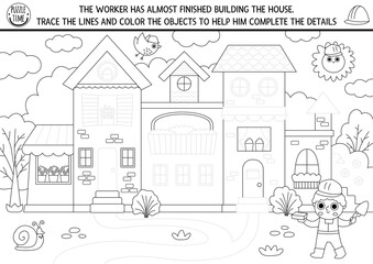 Wall Mural - Construction site black and white drawing, coloring, tracing and writing practice activity with house. Finish and decorate building puzzle. Printable worksheet, game or coloring page for kids