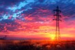 © D - Sunset Overpowering Transmission Towers in Vast Meadow - Scenic Evening Landscape for Print, Poster