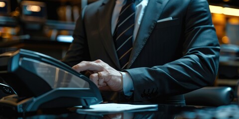 Wall Mural - A man in a suit and tie standing at a cash register. Suitable for business and finance concepts