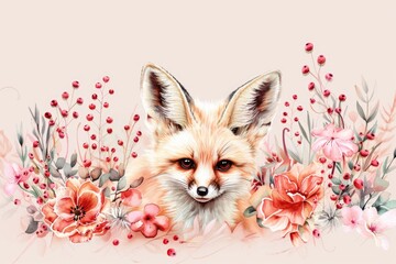 Canvas Print - A painting of a fox surrounded by colorful flowers. Perfect for nature-themed designs