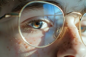 Sticker - Close-up shot of a person wearing glasses. Suitable for various concepts