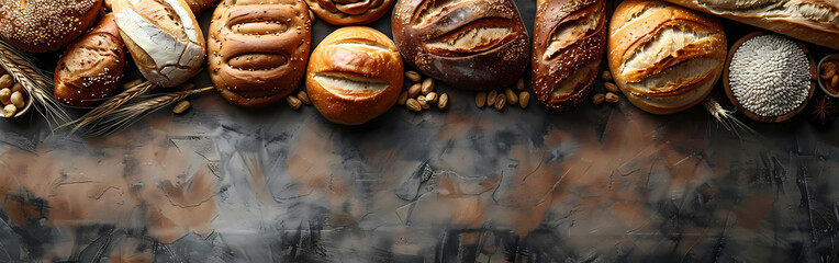 Wall Mural - Bread bakery background top food view fresh white wheat loaf. Background food flour bakery top bread slice pastry brown breakfast bake organic cut table french grain baguette board wood whole wooden 