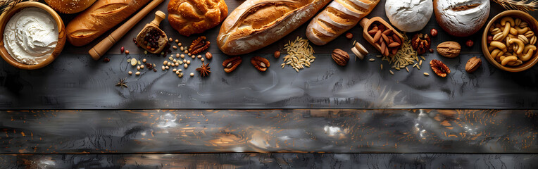 Bread bakery background top food view fresh white wheat loaf. Background food flour bakery top bread slice pastry brown breakfast bake organic cut table french grain baguette board wood whole wooden 
