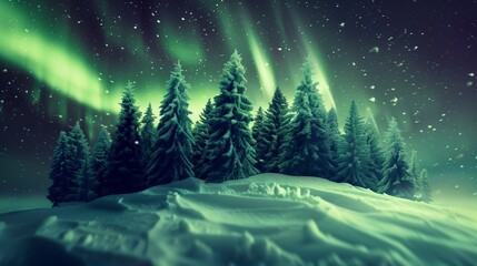 Mint Green Northern Lights Shaping Like a Forest of Trees Over a Snow Blanket