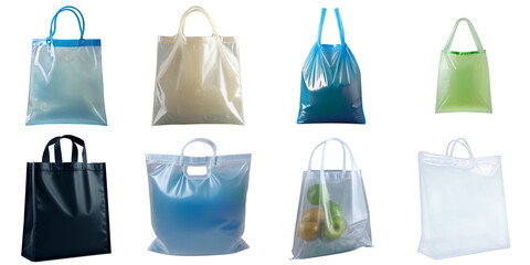 A series of plastic bags with different designs and colors including translucent ones, PNG with transparent background, AI