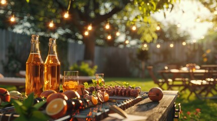 A backyard barbecue with a table full of food and drinks,having a barbecue , barbecue grill, summer activities.