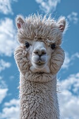 Canvas Print - Close up of a llama's face with cloudy sky background. Suitable for nature and animal themed designs