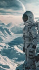 Wall Mural - a man in a white spacesuit stands on a snowy mountain. the scene is set in outer space, with a large