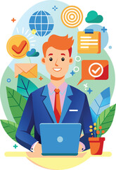 Wall Mural - Flat illustration of a businessman is surfing the internet, vector illustration.