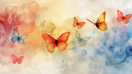 Wall Mural - Watercolor butterflies with orange, blue, and red wings flutter against a soft, pastel background with delicate splashes of color.