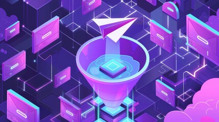 Isometric concept modern showing sales funnel and email message service with flying paper planes, parachuting icon envelopes inside filter funnel, ultraviolet webpage for email marketing company.