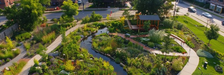 Wall Mural - Aerial view of urban park featuring a circular garden surrounded by green infrastructure elements like rain gardens and permeable pavement