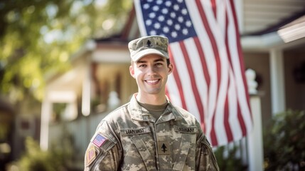 Portrait of a Happy male soldier with a smile while standing outside her house. American serviceman coming back home after serving her country in the military.