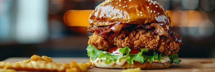 Wall Mural - Detailed view of a deluxe chicken sandwich with a side of crispy French fries