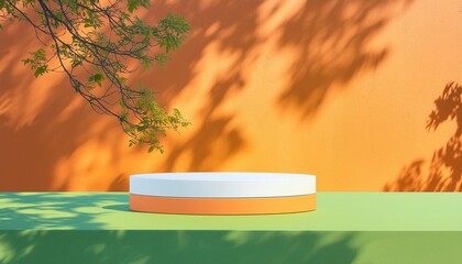 Canvas Print - product podium mockup display with green and orange background with tree shadow summer background 3d render illustration