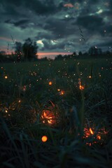 Wall Mural - A peaceful field filled with glowing fireflies. Ideal for nature or summer-themed designs