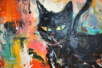 Sticker - A realistic painting of a black cat with striking yellow eyes. Perfect for animal lovers or Halloween-themed projects