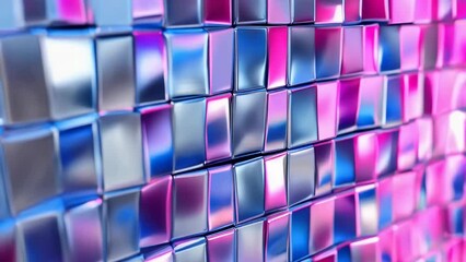 Wall Mural - A wall of shiny, metallic squares in a variety of colors. The wall is made of metal and has a shiny, reflective surface. The colors of the squares are blue, purple, and pink