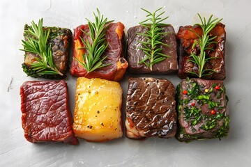 Variety of Gourmet Beef Cuts with Fresh Rosemary on White Background for Culinary Inspiration and Recipe Ideas