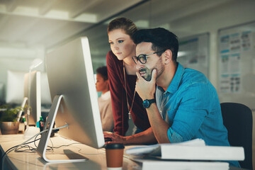 Fototapete - Graphic designer, man and office for meeting, discussion and teamwork with computer. Creative businesspeople, partnership and collaboration for small business, internet startup and website planning