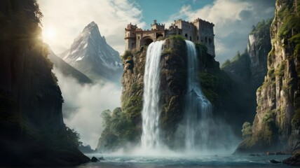 a castle on top of a mountain with a waterfall