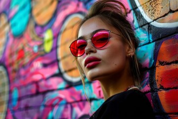 Wall Mural - A striking neon-colored portrait of a woman against a graffiti-covered brick wall, exuding urban street art charm.. Beautiful simple AI generated image in 4K, unique.